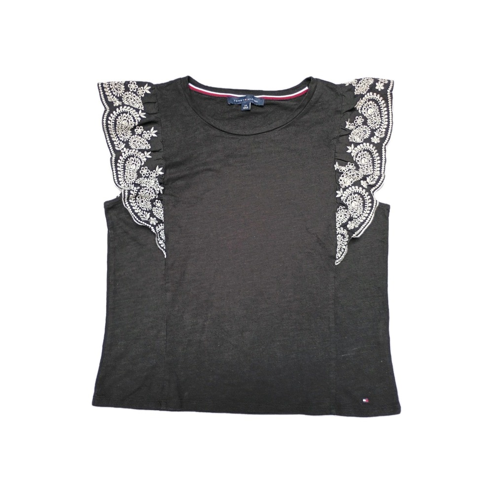 Tommy Hilfiger Womens L Black Flutter Sleeve Embroidered Paisley Cotton Top